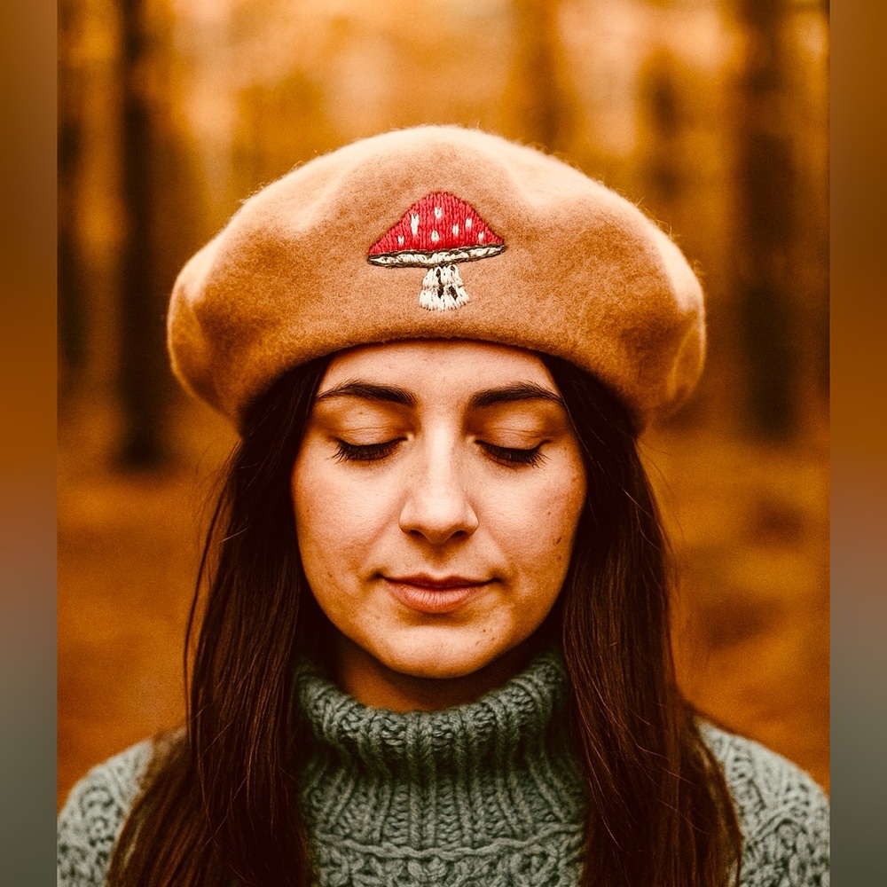 NEW without tag Tan Wool Hand-Embroidered Mushroom Beret!!